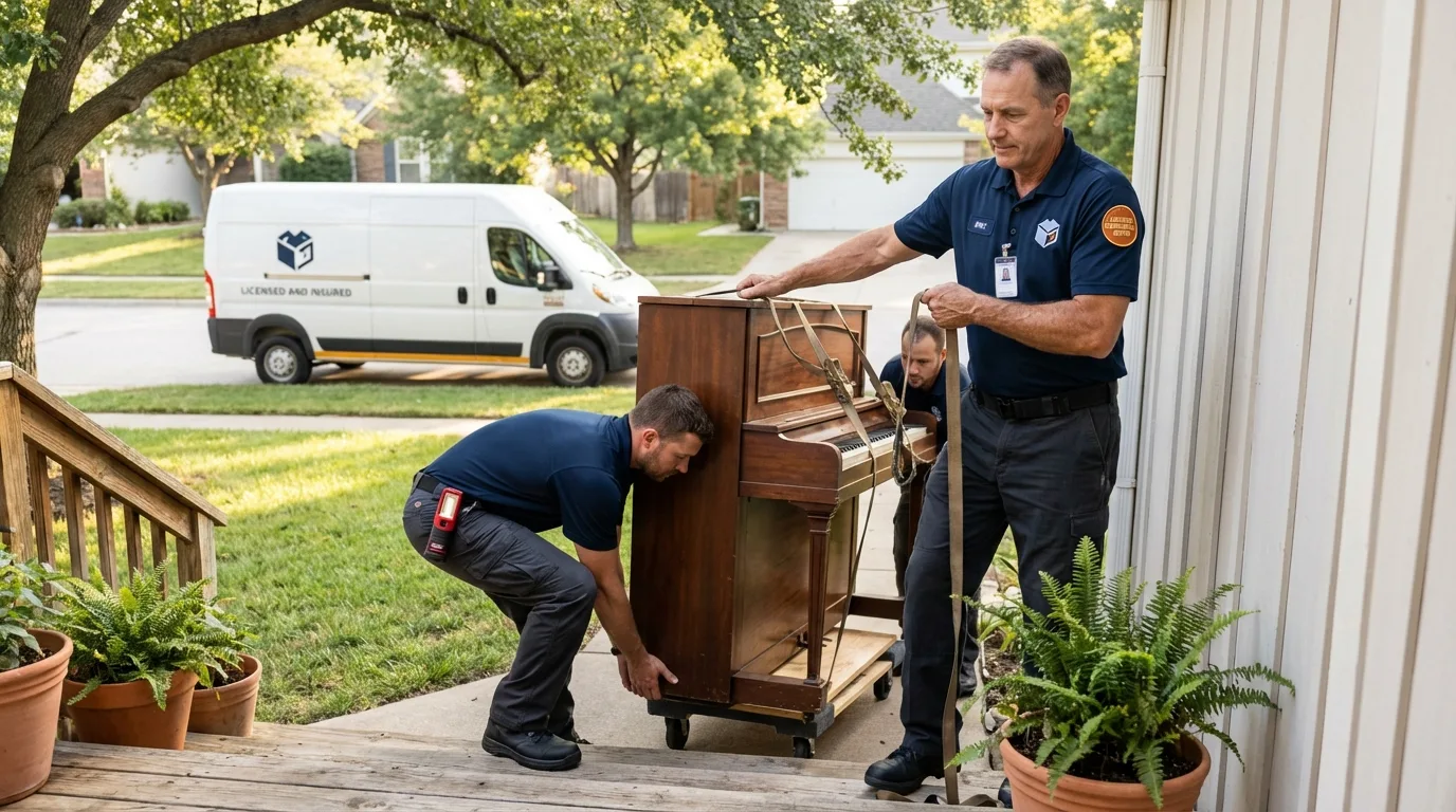 Licensed piano movers securing grand piano in Albertville, MN