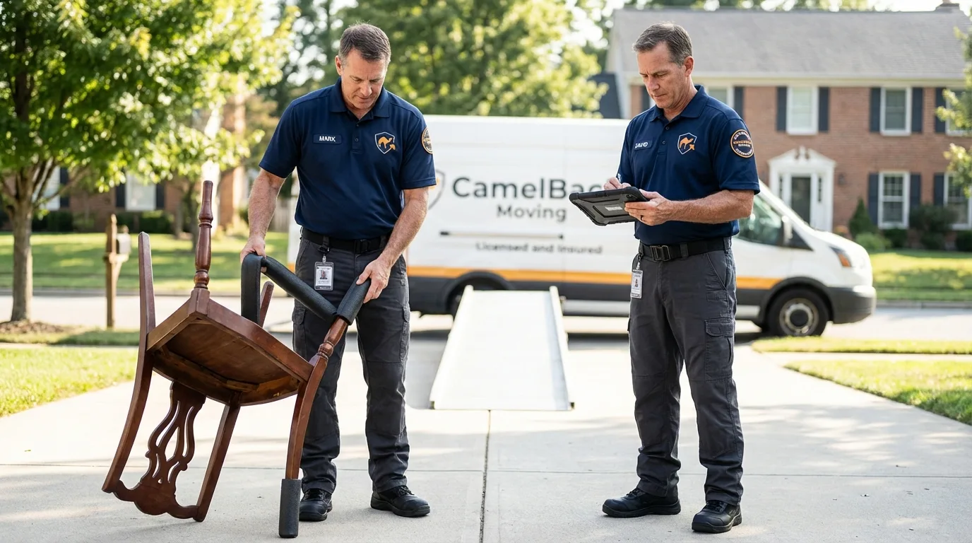 Movers inspecting furniture for damage prevention before loading in Albertville, MN